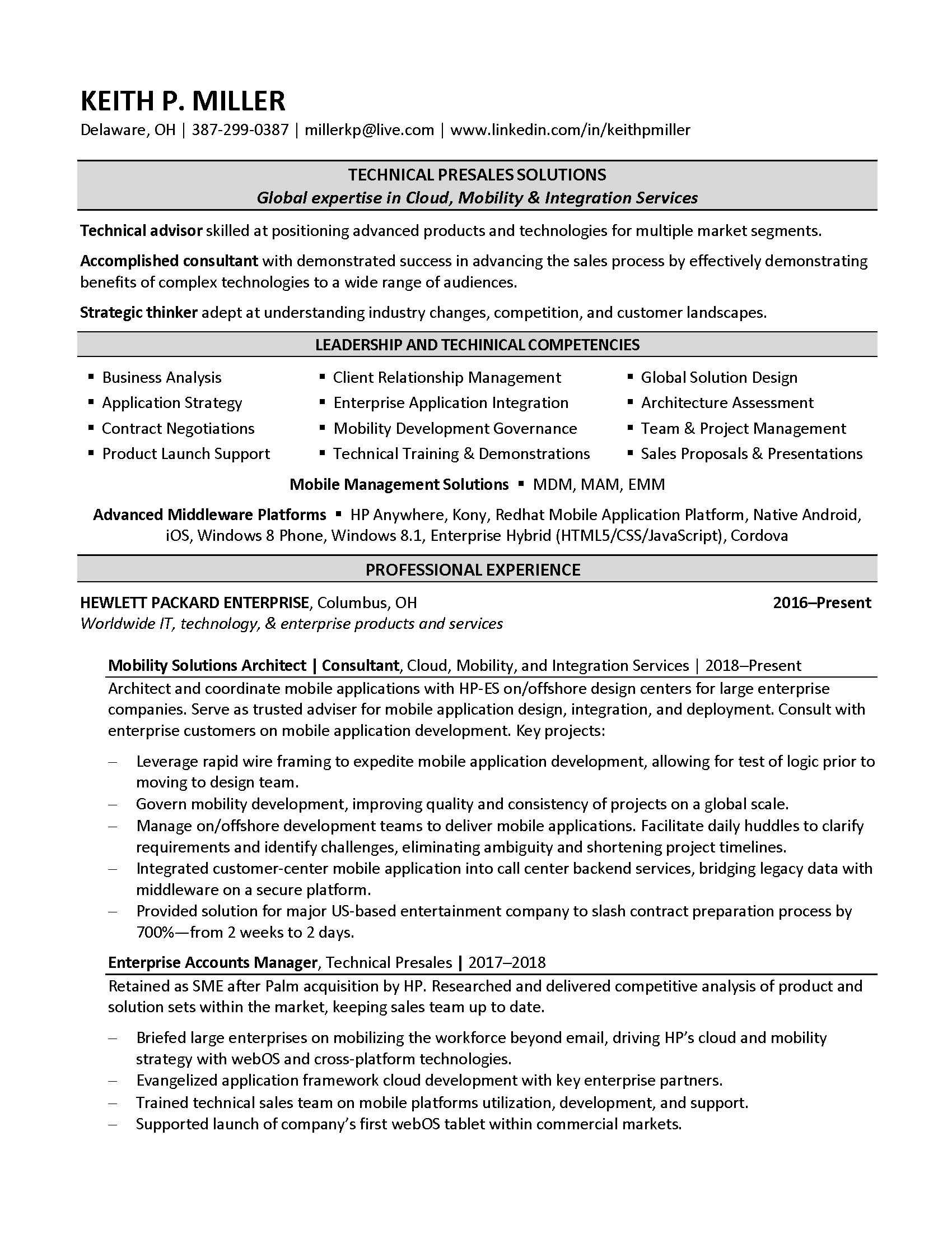 sample resume, cv, presales, technical